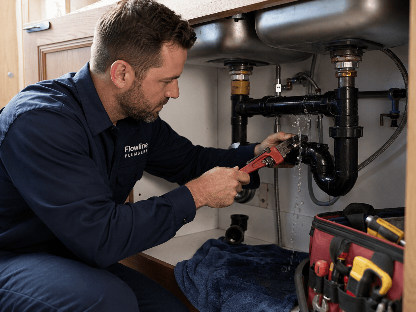 Plumber repairing a water leak in a Waterloo home