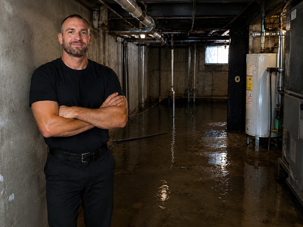 Emergency plumber standing in a flooded unfinished basement with standing water