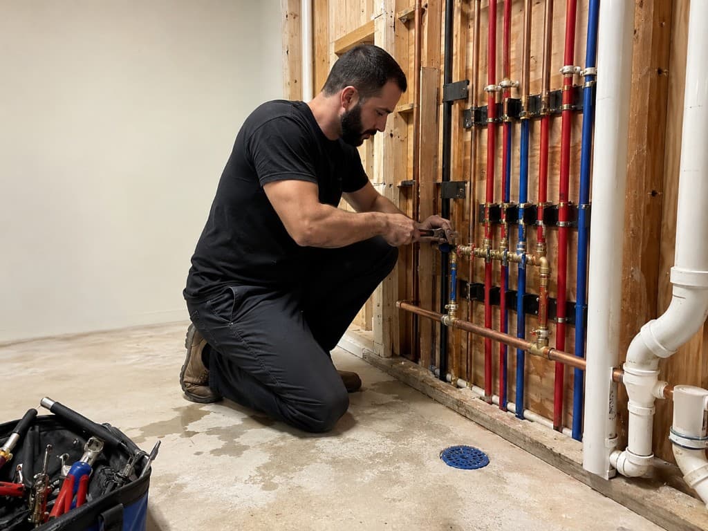 Plumber working on a whole-house PEX and copper repipe manifold in a basement