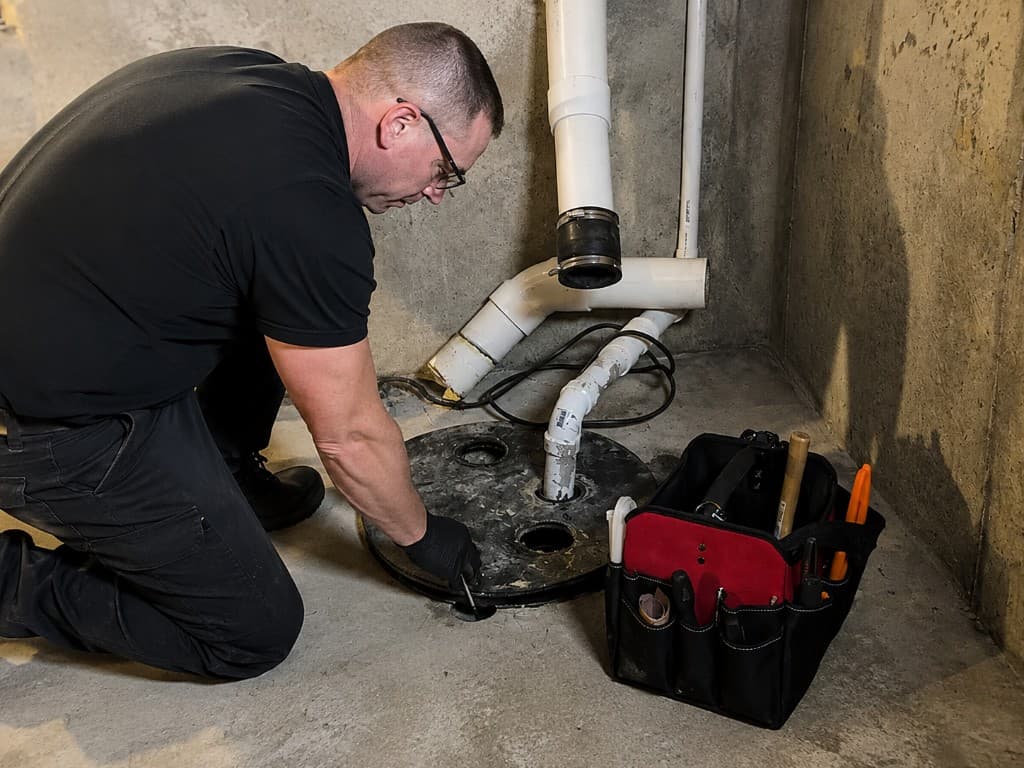 Plumber servicing a sump pump basin in an unfinished basement